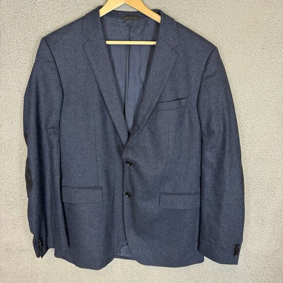 Hugo Boss Blazer Mens 44L Stretch Blue Wool Sport Coat Elbow Patch - Picture 1 of 10